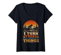 Women's I Turn Trees Into Things, Funny Woodworker Carpenter Saying V-Neck T-Shirt