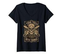 Women's I Turn Trees Into Things Skull Chainsaw Carpenter V-Neck T-Shirt