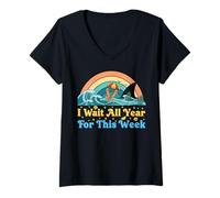 Womens I Wait All Year for This Week Ocean Adventure Shark Summer V-Neck T-Shirt