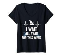Womens I Wait All Year for This Week Ocean Heartbeat Shark Summer V-Neck T-Shirt