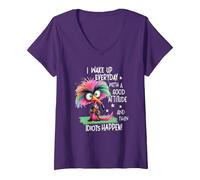 Women's I Wake Up Everyday with A Good Attitude, Funny Sarcastic V-Neck T-Shirt, Purple, Large