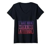 Women's I was Born with A Bad Attitude Sarcastic Personality - V-Neck T-Shirt