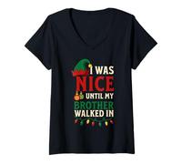 Womens I was Nice Until My Brother Sibling Matching Xmas PJ V-Neck T-Shirt