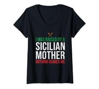 Women's I was Raised By A Sicilian Mother Nothing Scares Me V-Neck T-Shirt