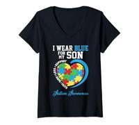Women's I Wear Blue for My Son - Autism Awareness Support Parents V-Neck T-Shirt