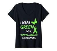 Womens I Wear Green For Mental Health Awareness Month disorder V-Neck T-Shirt