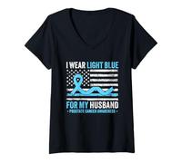 Womens I Wear Light Blue for My Husband Prostate Cancer Awareness V-Neck T-Shirt