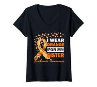 Womens I Wear Orange For My Sister Leukemia Cancer Awareness V-Neck T-Shirt