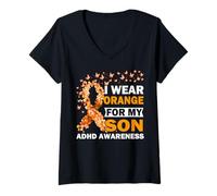 Womens I Wear Orange for My Son ADHD Awareness V-Neck T-Shirt