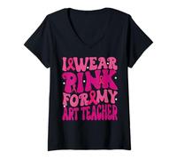 Womens I Wear Pink for My Art Teacher Breast Cancer Awareness Kids V-Neck T-Shirt