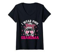 Womens I Wear Pink for My Grandma Messy Bun Breast Cancer Support V-Neck T-Shirt