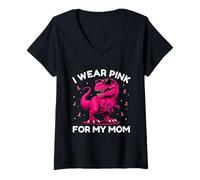 Womens I Wear Pink for My Mom Breast Cancer Awareness Dinosaur V-Neck T-Shirt