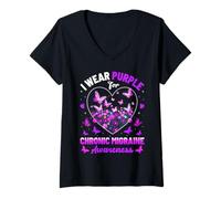 Womens I Wear Purple For Chronic Migraine Awareness Heart Butterfly V-Neck T-Shirt