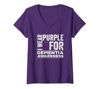 Womens I Wear Purple For Dementia Awareness Alzheimer Purple Ribbon V-Neck T-Shirt