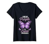 Womens I Wear Purple For Lupus Awareness Butterfly Purple Ribbon V-Neck T-Shirt