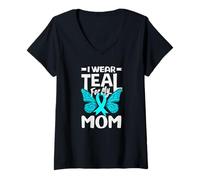 Womens I Wear Teal for My Mom Cervical Cancer Butterfly V-Neck T-Shirt