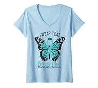 Womens I Wear Teal for My Mom Ovarian Cancer Awareness Support V-Neck T-Shirt