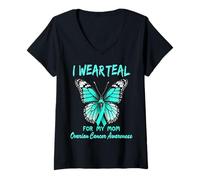 Womens I Wear Teal for My Mom Ovarian Cancer Awareness Support V-Neck T-Shirt