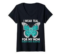 Womens I Wear Teal for My Mom Ovarian Cancer Awareness Support V-Neck T-Shirt