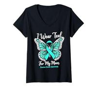 Womens I Wear Teal for My Mom Ovarian Cancer Awareness Support V-Neck T-Shirt