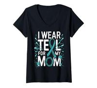 Womens I Wear Teal for My Mom Ovarian Cancer Awareness Support V-Neck T-Shirt