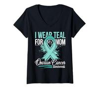 Womens I Wear Teal for My Mom Ovarian Cancer Awareness Support V-Neck T-Shirt