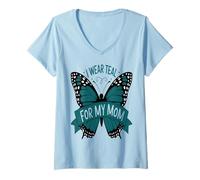Womens I Wear Teal for My Mom Ovarian Cancer Awareness Support V-Neck T-Shirt