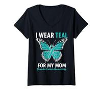 Womens I Wear Teal for My Mom Ovarian Cancer Awareness Support V-Neck T-Shirt