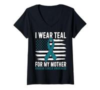 Womens I Wear Teal for My Mother Ovarian Cancer Awareness Support V-Neck T-Shirt