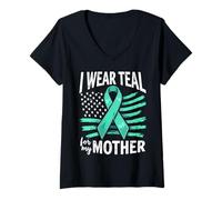 Womens I Wear Teal for My Mother Ovarian Cancer Awareness Support V-Neck T-Shirt