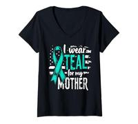 Womens I Wear Teal for My Mother Ovarian Cancer Awareness Support V-Neck T-Shirt