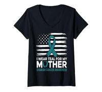 Womens I Wear Teal for My Mother Ovarian Cancer Awareness Support V-Neck T-Shirt