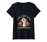 Womens I Will Not Yield To Disrespectful Men Fist Roses Feminist V-Neck T-Shirt