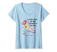 Womens I Will Sing of The Goodness of God Psalm 89:1 Christian Bird V-Neck T-Shirt