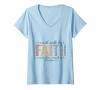 Women's I Will Walk By Faith 2 Corinthians 5:7 Christian Scripture V-Neck T-Shirt
