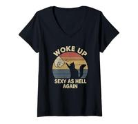 Women's I Woke Up Sexy As Hell Again Sarcastic Funny Cat Kitten Joke V-Neck T-Shirt