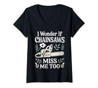 Women's I Wonder IF My Chainsaw Funny Chainsaw Lover V-Neck T-Shirt