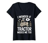 Women's I Wonder IF My Tractor Funny Farmer Design V-Neck T-Shirt