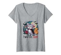 Womens I Won't Bite Hard Funny Vampire Cat Halloween V-Neck T-Shirt