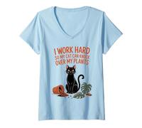 Womens I Work Hard So My Cat Can Knock Over Plants Funny Retro V-Neck T-Shirt