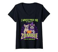 Womens I Would Push You in Front of Zombies Save My French Bulldogs V-Neck T-Shirt