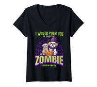 Womens I Would Push You in Front of Zombies to Save My Shih Tzu Dog V-Neck T-Shirt