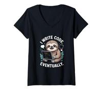 Women's I Write Code Eventually Lazy Sloth Programmer Life V-Neck T-Shirt
