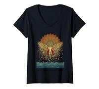 Women's Icarus Falling Greek Mythology Geometric Mandala Sun V-Neck T-Shirt
