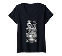 Womens Ice Bath Skeleton Design - Cold Bath Therapy and Coffee V-Neck T-Shirt