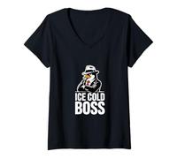 Women's Ice Cold Boss Penguin Mafia Funny Humor V-Neck T-Shirt