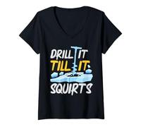 Womens Ice Fishing Drill It Till It Squirts Funny Fisherman Angler V-Neck T-Shirt