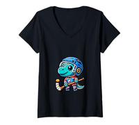 Womens Ice Hockey Dino Cute Dino Adventure V-Neck T-Shirt