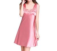 Women's Ice Silk Nightdress With Chest Pad Plus Size Satin Sleeveless Nighties Comfy Wide Straps Knee Length Summer Nightgowns Ladies Lightweight Breathable Nightwear Sleepwear