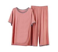 Women's Ice Silk Pyjamas Set UK Sale Clearance Short Sleeve Shirt 3/4 Length Trousers Pajamas Sets Ladies Casual Sleepwear Loungewear Summer Pyjamas 2 Pieces Pjs Sets Tracksuit Lounge Outfits